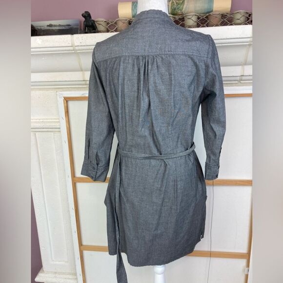 Gray Button-Up Dress w/ ruffled front yoke button down w/ matching belt& pockets - Picture 4 of 11